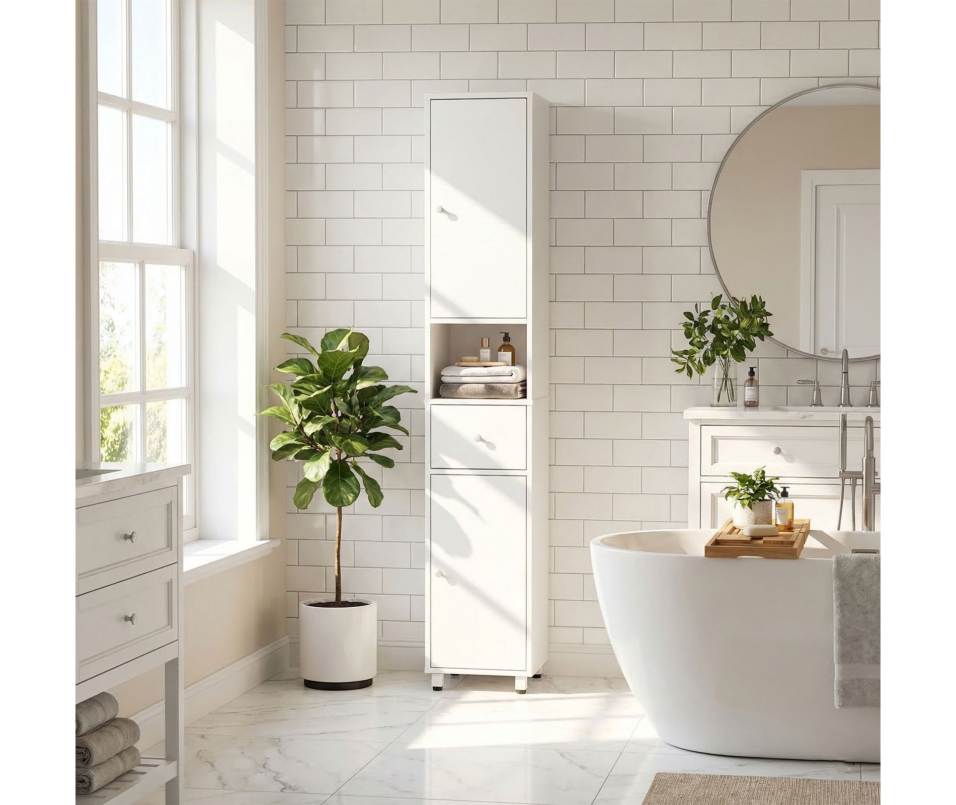 White Bathroom Cabinet with 2 Doors, 1 Drawer, and 1 Shelf