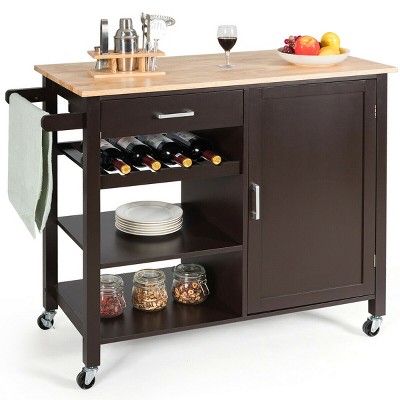 Costway 4-Tier Wood Kitchen Island Trolley Cart Storage Cabinet Brown