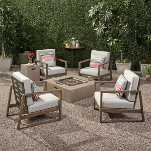 GDFStudio Lafayette Outdoor Acacia Wood 5 Piece Club Chair and Fire Pit Set with Cushions - 1 of 4