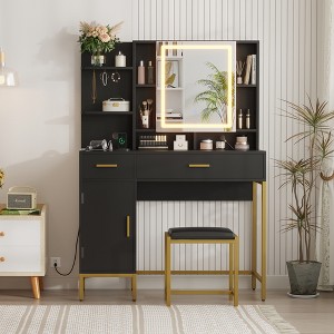 COZONY Vanity Table with Lighted Mirror & Charging Station – Makeup Vanity with Stool, Drawers & Cabinet for Bedroom - 1 of 4