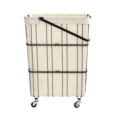 Compact White Metal Rolling Laundry Basket with Handle