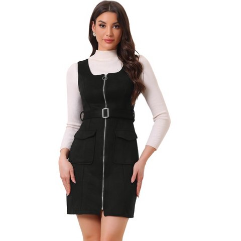 Женские платья INSPIRE CHIC Women's Faux Suede Round Neck Zipper Sleeveless Tie Waist Pinafore Dress Black X-Large