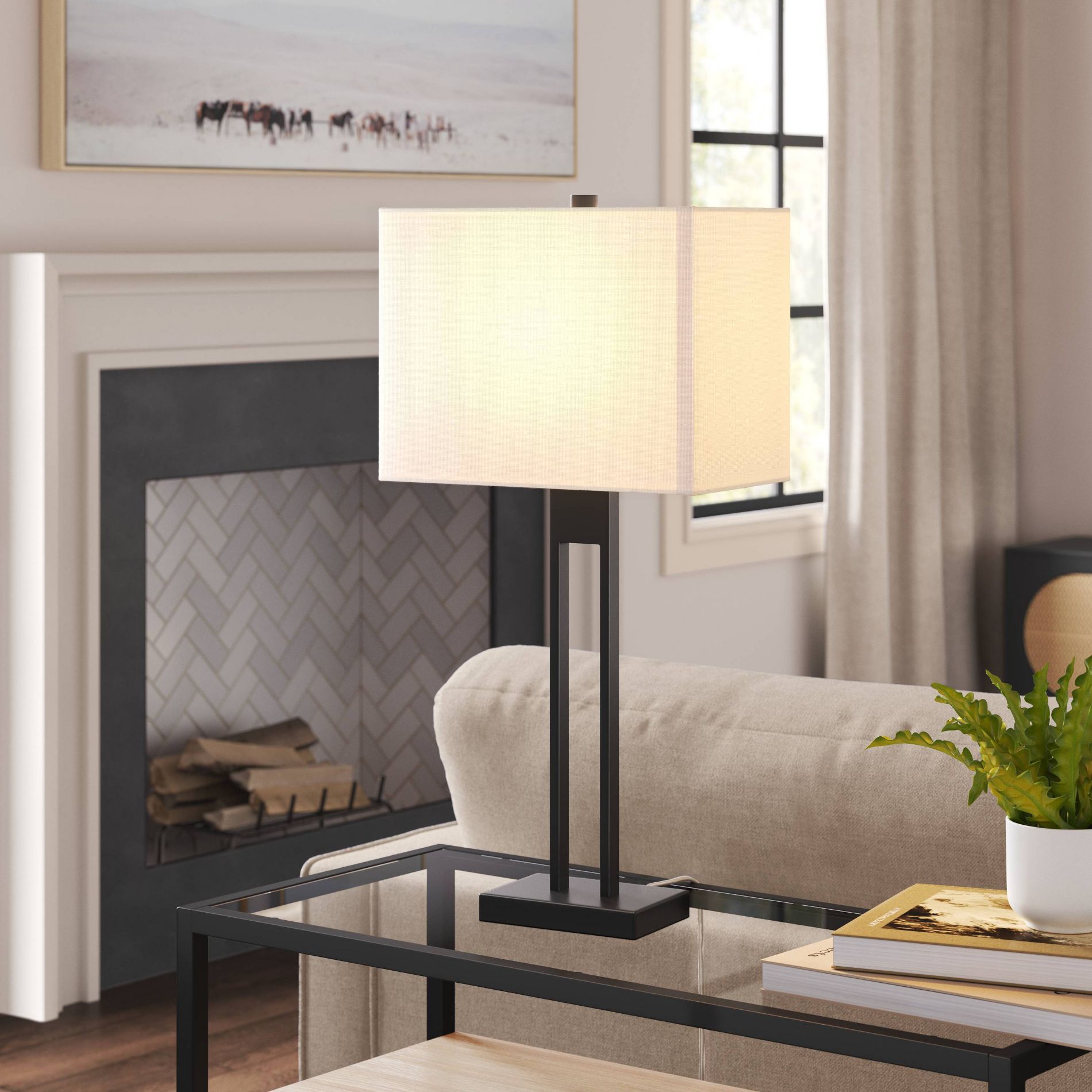 Window Pane Table Lamp with USB Black - Threshold™: ETL Listed, Linen Shade, Metal Body, No Assembly Required