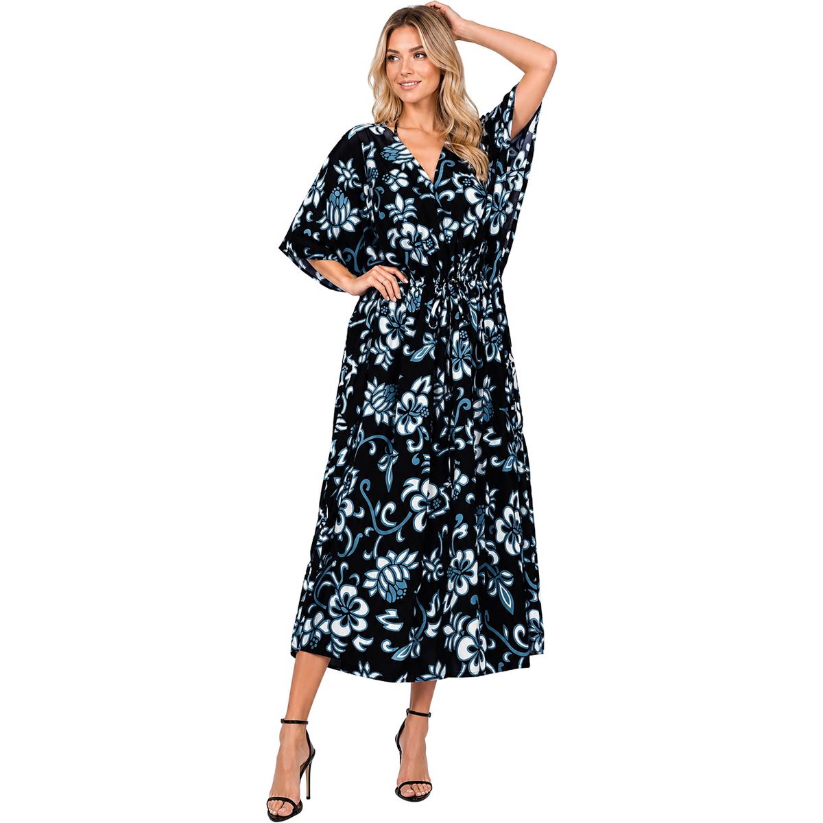 LA LEELA Summer Rayon Blend Resortwear Caftan for Women Vacation Cruise Holiday Loungewear Maternity Friendly Maxi Dress 2X-3X Black Floral