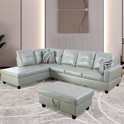 Silver Green Semi Pu Synthetic Leather 3-piece Couch Living Room Sofa ...
