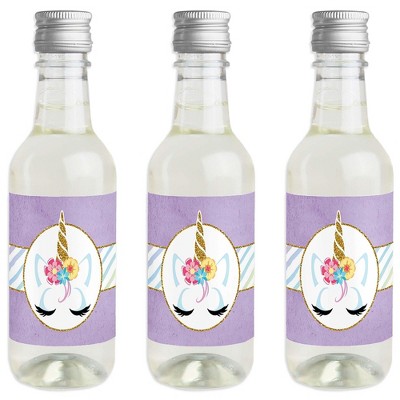 Big Dot of Happiness Rainbow Unicorn - Mini Wine and Champagne Bottle Label Stickers - Baby Shower or Birthday Party Favor Gift - Set of 16