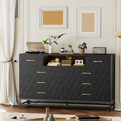 8 Drawer Wood Dresser for Bedroom, Wooden Dresser with Led Light and Power Outlet for Living Room,Solid Wood Dressers with Deep Drawers