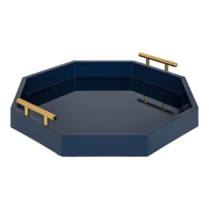 Kate and Laurel Lipton Octagon Decorative Tray with Metal Handles, 18x18, Navy Blue - 1 of 4