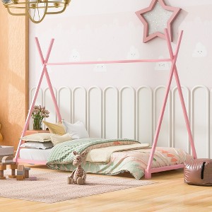 Metal Twin Size House Platform Bed with Triangle Structure, Pink - 1 of 4