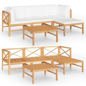 vidaXL 5 Piece Patio Lounge Set with Cream Cushions - Fine-Sanded Teak Hard Wood - Outdoor Furniture - Features Table, Footrest, Sofa with Cushions - 1 of 4