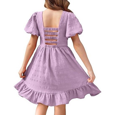 Arshiner Girls Summer Cut-Out Back A-Line Dress Puff Sleeves Square Neckline Flounce Hem Dresses