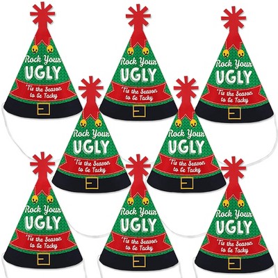 Big Dot of Happiness Ugly Sweater - Mini Cone Holiday & Christmas Party Hats - Small Little Party Hats - Set of 8