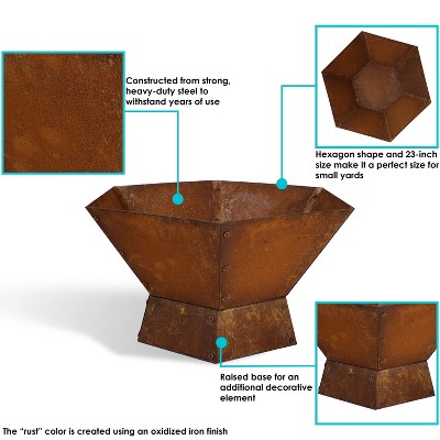 Rustic Hexagon Steel Wood-Burning Fire Pit Table in Oxidized Orange