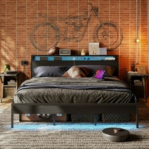 Bestier King Size Bed Frame, Metal Platform Bed with Wood Storage Headboard LED Lights and Charging Station - 1 of 4