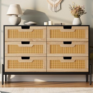6 Drawer Dresser for Bedroom, Natural Rattan Modern Wooden Dresser, Farmhouse Storage Cabinet Chest - 1 of 4