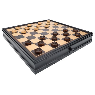 15-inch Black and Natural Wood Chess and Checkers Set with Storage Drawers