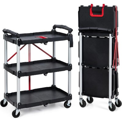 3 Tier Folding Rolling Utility Cart, Portable Kitchen Carts with Handles, 165 Lbs Capacity