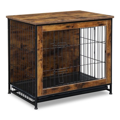 phiestina Dog Crate Furniture with Cushion, Wooden Dog Crate Table, Double Doors Dog Furniture, Indoor Dog Kennel, Rustic Brown
