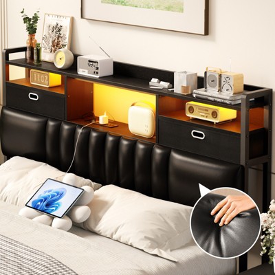 Aheaplus Upholstered Storage Headboard with Charge Station and RGB LED Light