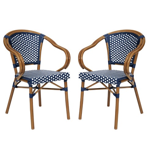 Emma Oliver Soie Set Of 2 Indoor outdoor Stacking Thonet Bistro Style Chairs W Arms Navy White Pe Rattan Seat Nat Bamboo Finished Metal Frame Target