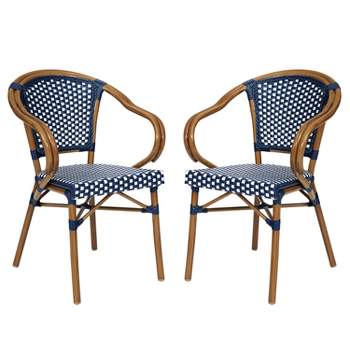 Flash Furniture 2 Pack Bordeaux Indoor/Outdoor Commercial French Bistro Stacking Chair with Arms, PE Rattan and Bamboo Print Aluminum Frame