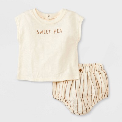 Image of Grayson Collective Baby Girls' Short Sleeve Slub Jersey & Gauze Bloomer Set - Cream 3-6M