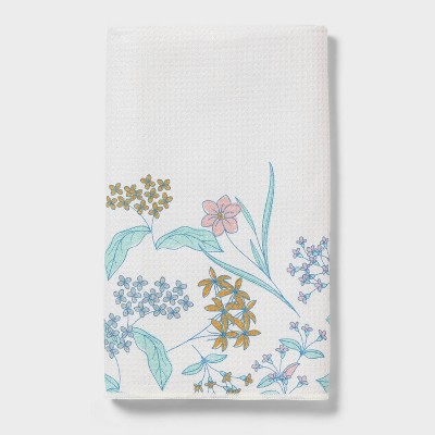 1pc Quick Dry Floral Border Waffle Hand Towel White - Room Essentials™