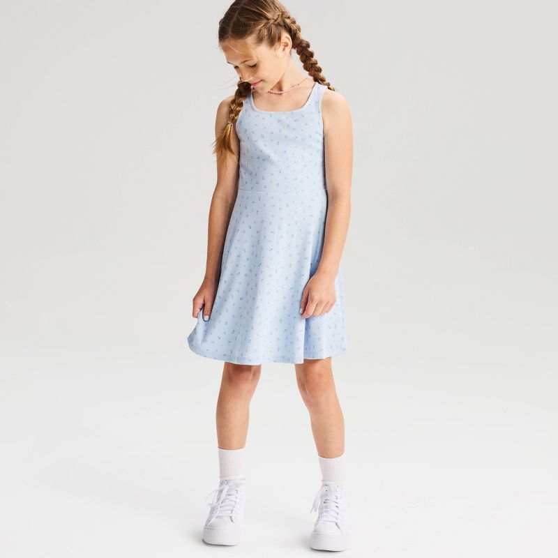 Girls' Square Neck Ribbed Knit Skater Dress - Cat & Jack™ Pale Blue Floral XS