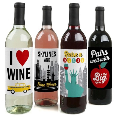 Big Dot of Happiness NYC Cityscape - New York City Party Decorations for Women and Men - Wine Bottle Label Stickers - Set of 4