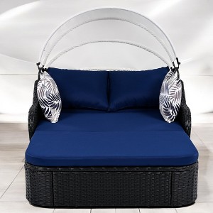 Mshliw 79.9" Outdoor Sun Lounger with Adjustable Canopy, Curved Armrests, and Pillows – PE Rattan Daybed for Patio, Deck, or Garden - 1 of 4