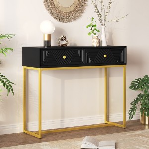 Lyngins Modern Console Table with Storage, Narrow Entryway Table with Gold Metal Base, Sofa Table with 2 Drawers (Diagonal Stripe Design) - 1 of 4