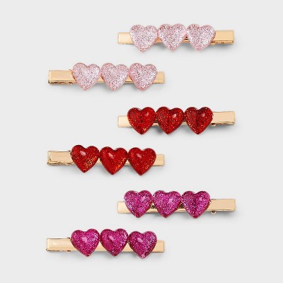 Valentine's Day Bubble Glitter Heart Hair Clip Set 6pc - Red/Purple/Pink