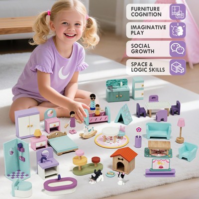 Etokfoks Wooden Dollhouse Furniture Set 39 Pcs 5 Rooms Family Dolls Pets All Wood Doll House Accessories Pretend Play for Kids Ages 3 — фото 2