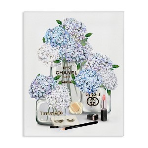 Stupell Industries Glam White Blue Hydrangeas Designer Perfume Bottles Lipstick Illustration, 16" x 20" - 1 of 4