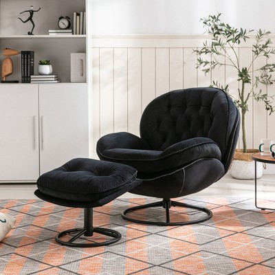 Okak Modern Velvet Accent Chair Living Room Chair with Ottoman Comfy Upholstered TV Chair sofa for Lounge Office Bedroom, Black