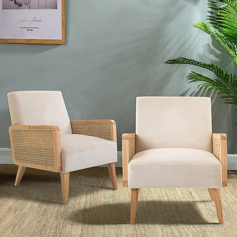 Chloé Rattan Cane Accent Arm Chair With Wood Base Upholstered Set ...