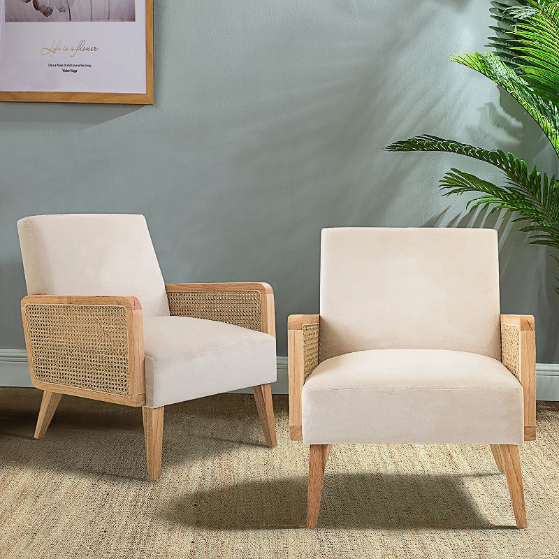 Chloé Cane Accent Chair with Rattan Armrest Upholstered Living Room Arm Chair Set of 2 | Karat Home, 1 of 12