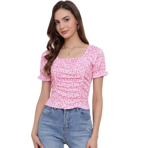 INSPIRE CHIC Women's Ruched Front Short Sleeve Floral Cropped Tops - 1 of 4