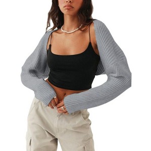 Coolmee Women's Ribbed Knit Crop Bolero  Open Front Drop Shoulder Long Sleeve Solid Loose Fit Knitted Crop Cardigan Shrug - 1 of 4