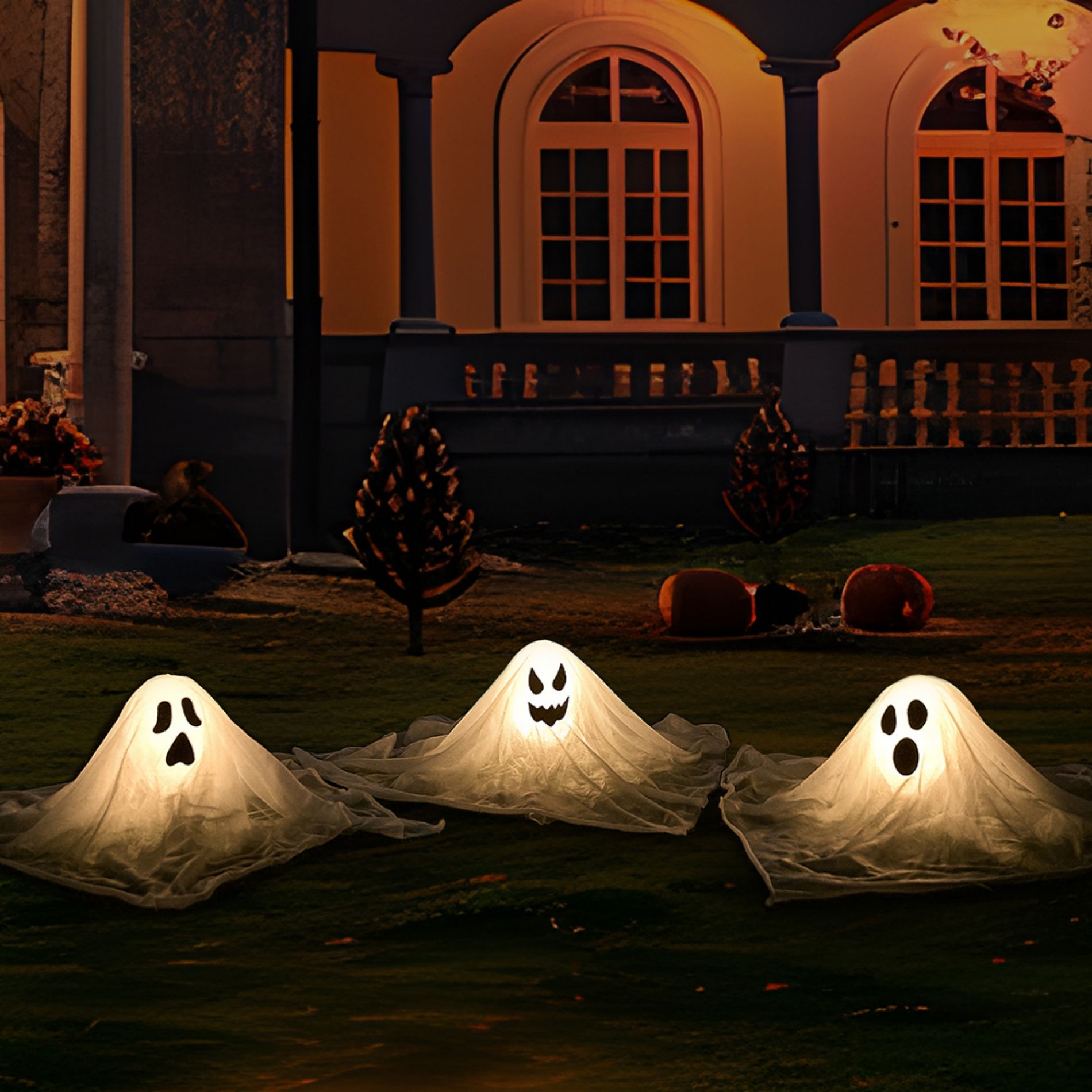 Joyfy 3 Packs Halloween Outdoor Decorations White Ghost Garden Stakes, Light Up Cloth Ghost Decor Outdoor for Yard Lawn Garden