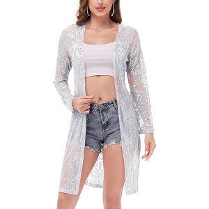 Anna-Kaci Women's Long Sequin Cardigan Open Front Sheer Duster Jacket - 1 of 4