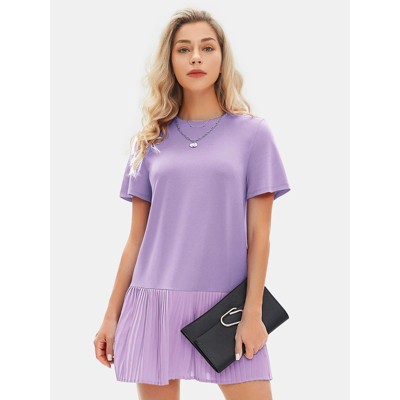 EXLURA Womens Summer Casual Short Sleeve Dress Crewneck Tshirt Dresses Pleated Aline Mini Dress 2025 Vacation Beach Sundress