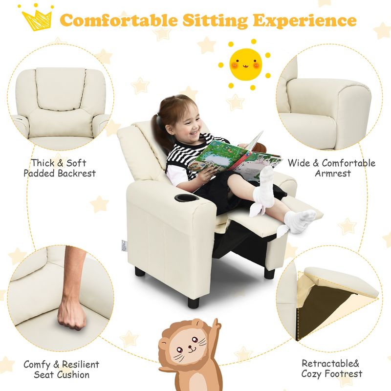 Costway Kids Recliner Chair PU Leather Armrest Sofa w/Footrest Cup Holder Beige\Brown, 5 of 11