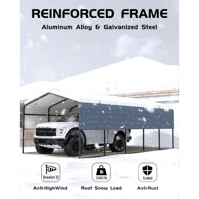 13' x 16' x 10' heavy-duty metal carport with 27-gauge steel roof and 18-gauge frame; ideal for cars, boats, trucks, and tractors; weighs 460 lbs.