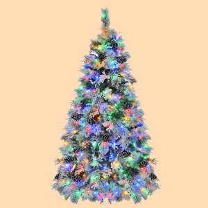 6FT Pre-Lit Snow Flocked Spruce Christmas Tree with Pine Cones, 403 Tips, Mixed PE/PVC Branches, 250 Multi-Color LED Lights, 11 Modes, Holiday Decor - 1 of 4