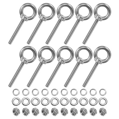 Unique Bargains Stainless Steel Durable Rust-Resistant Eyebolts with Nuts Washers Male Screw for Fastening 10 Pcs
