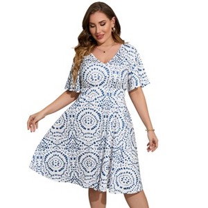 Women's Plus Size Boho Floral V Neck Ruffle Short Sleeve Dress Elastic High Waist A Line Dress - 1 of 4