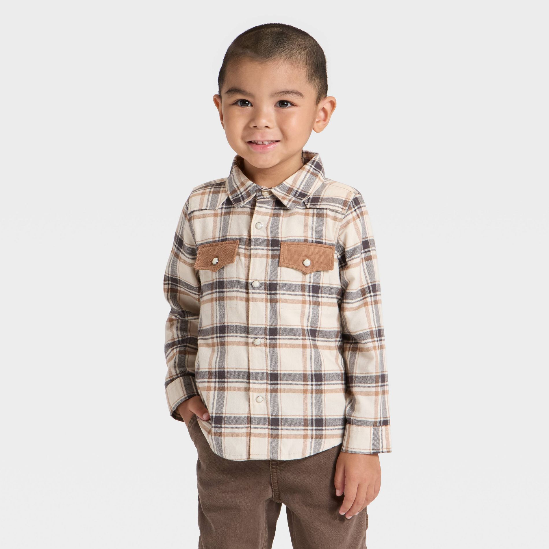 OshKosh B'gosh Toddler Boys' Long Sleeve Western Plaid Shirt - Cream/Tan 2T