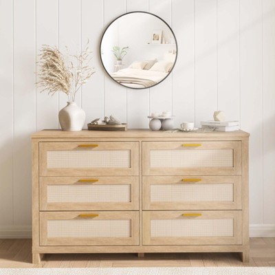 6 Drawer Rattan Dresser for Bedroom, Natural Wood Dresser Chest with Ample Storage, Boho Modern Dresser