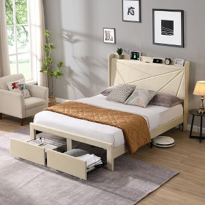 Queen Bed Frame with 2 Storage Drawers, Upholstered Platform Bed with Charging Station, Bed Frame with Storage Headboard, No Box Spring Needed - 1 of 4
